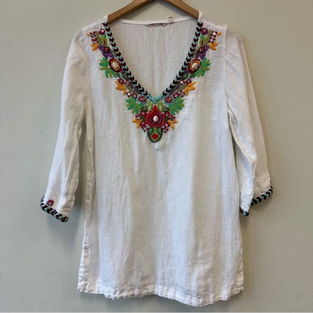 Soft Surroundings 100% Linen White Tunic with Colorful Embroidery and Beading